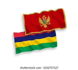 National vector fabric wave flags of Montenegro and Republic of Mauritius isolated on white background. 1 to 2 proportion.
