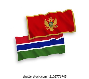 Banderas de olas de tela vectorial nacional de Montenegro y la República de Gambia aisladas en fondo blanco. de 1 a 2.