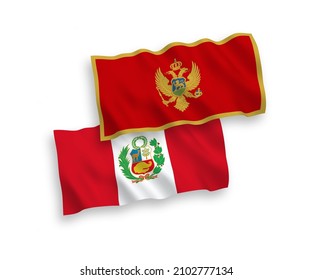National vector fabric wave flags of Montenegro and Peru isolated on white background. 1 to 2 proportion.