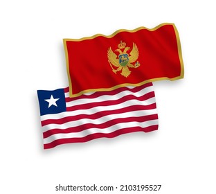 National vector fabric wave flags of Montenegro and Liberia isolated on white background. 1 to 2 proportion.