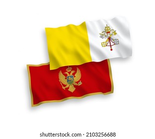 National vector fabric wave flags of Montenegro and Vatican isolated on white background. 1 to 2 proportion.