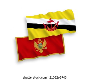 National vector fabric wave flags of Montenegro and Brunei isolated on white background. 1 to 2 proportion.