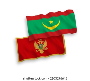Banderas de ondulación de tela vectorial nacional de Montenegro y la República Islámica de Mauritania aisladas de fondo blanco. de 1 a 2.