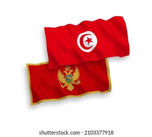 Nationale Vektor-Wellen-Flaggen von Montenegro und der Tunesischen Republik einzeln auf weißem Hintergrund. 1 bis 2 %.