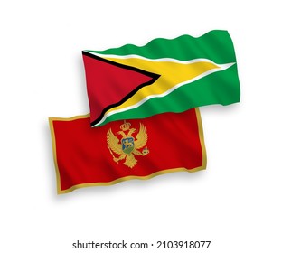 National vector fabric wave flags of Montenegro and Co-operative Republic of Guyana isolated on white background. 1 to 2 proportion.