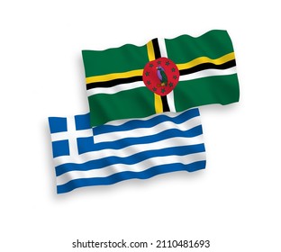 National vector fabric wave flags of Greece and Dominica isolated on white background. 1 to 2 proportion.