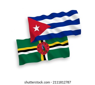 National vector fabric wave flags of Dominica and Cuba isolated on white background. 1 to 2 proportion.