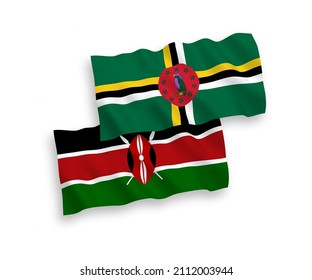 National vector fabric wave flags of Dominica and Kenya isolated on white background. 1 to 2 proportion.