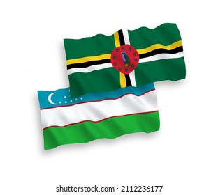 National vector fabric wave flags of Dominica and Uzbekistan isolated on white background. 1 to 2 proportion.