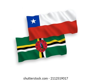 National vector fabric wave flags of Dominica and Chile isolated on white background. 1 to 2 proportion.