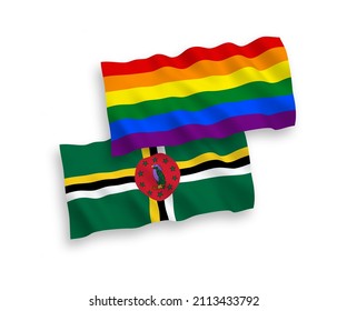 National vector fabric wave flags of Dominica and Rainbow gay pride isolated on white background. 1 to 2 proportion.