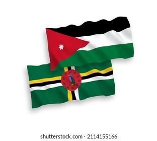 National vector fabric wave flags of Dominica and Hashemite Kingdom of Jordan isolated on white background. 1 to 2 proportion.
