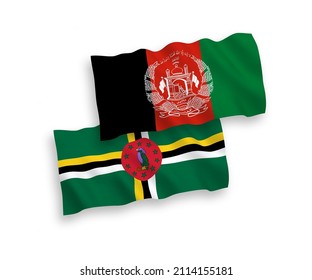 National vector fabric wave flags of Dominica and Islamic Republic of Afghanistan isolated on white background. 1 to 2 proportion.