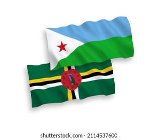 Banderas de ondulación de tela vectorial nacional de Dominica y la República de Djibouti aisladas de fondo blanco. de 1 a 2.