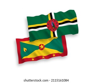 National vector fabric wave flags of Dominica and Grenada isolated on white background. 1 to 2 proportion.