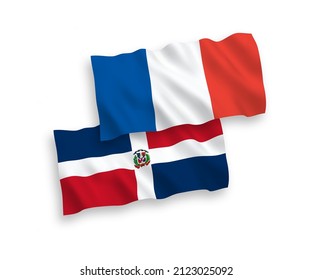 National vector fabric wave flags of France and Dominican Republic isolated on white background. 1 to 2 proportion.