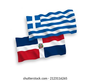 National vector fabric wave flags of Greece and Dominican Republic isolated on white background. 1 to 2 proportion.