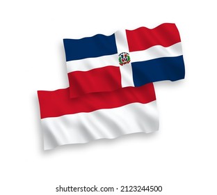 Nationale Vektor-Wellen-Flaggen Indonesiens und der Dominikanischen Republik einzeln auf weißem Hintergrund. 1 bis 2 %.