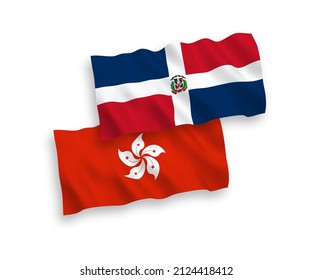 Banderas de olas de tela vectorial nacional de la República Dominicana y Hong Kong aisladas en fondo blanco. de 1 a 2.