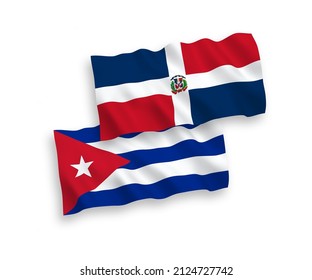 National vector fabric wave flags of Dominican Republic and Cuba isolated on white background. 1 to 2 proportion.