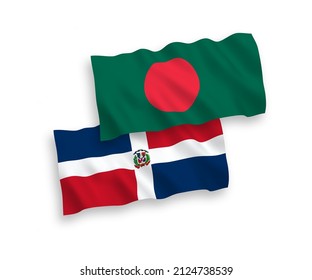 National vector fabric wave flags of Dominican Republic and Bangladesh isolated on white background. 1 to 2 proportion.