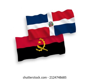 National vector fabric wave flags of Dominican Republic and Angola isolated on white background. 1 to 2 proportion.