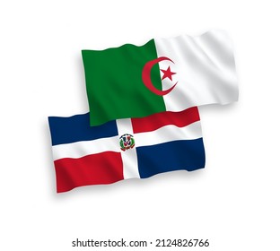 National vector fabric wave flags of Dominican Republic and Algeria isolated on white background. 1 to 2 proportion.
