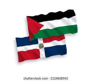 National vector fabric wave flags of Dominican Republic and Palestine isolated on white background. 1 to 2 proportion.