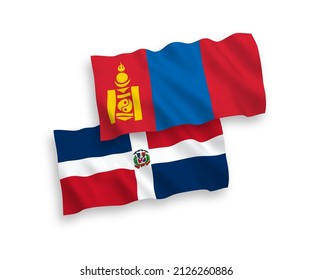 National vector fabric wave flags of Dominican Republic and Mongolia isolated on white background. 1 to 2 proportion.