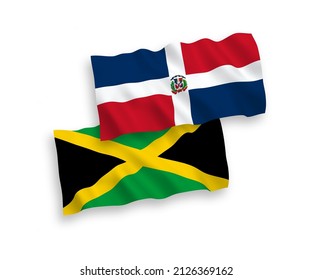 National vector fabric wave flags of Dominican Republic and Jamaica isolated on white background. 1 to 2 proportion.