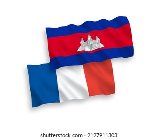 National vector fabric wave flags of France and Kingdom of Cambodia isolated on white background. 1 to 2 proportion.