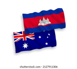 National vector fabric wave flags of Australia and Kingdom of Cambodia isolated on white background. 1 to 2 proportion.