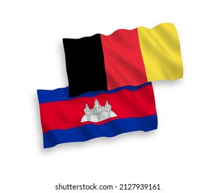 National vector fabric wave flags of Kingdom of Cambodia and Belgium isolated on white background. 1 to 2 proportion.