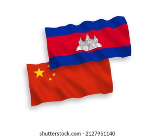 National vector fabric wave flags of Kingdom of Cambodia and China isolated on white background 1 to 2 proportion.