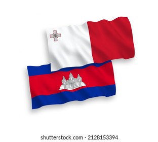 National vector fabric wave flags of Malta and Kingdom of Cambodia isolated on white background. 1 to 2 proportion.