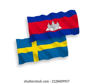 National vector fabric wave flags of Sweden and Kingdom of Cambodia isolated on white background. 1 to 2 proportion.
