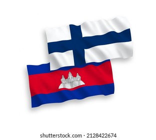 National vector fabric wave flags of Finland and Kingdom of Cambodia isolated on white background. 1 to 2 proportion.