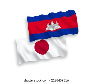 Banderas de ondulación de tela vectorial nacional del Japón y el Reino de Camboya aisladas de fondo blanco. de 1 a 2.