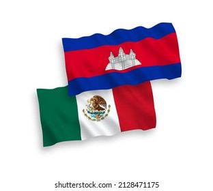 National vector fabric wave flags of Mexico and Kingdom of Cambodia isolated on white background. 1 to 2 proportion.