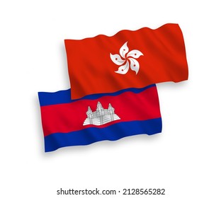 National vector fabric wave flags of Kingdom of Cambodia and Hong Kong isolated on white background. 1 to 2 proportion.