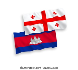 National vector fabric wave flags of Kingdom of Cambodia and Georgia isolated on white background. 1 to 2 proportion.