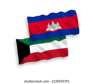 National vector fabric wave flags of Kingdom of Cambodia and Kuwait isolated on white background. 1 to 2 proportion.