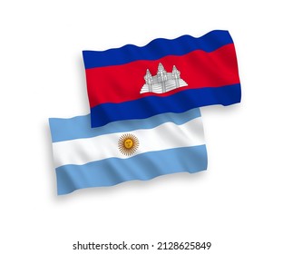 National vector fabric wave flags of Kingdom of Cambodia and Argentina isolated on white background. 1 to 2 proportion.