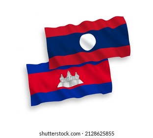 Nationale Vektor-Wellen-Flaggen des Königreichs Kambodscha und Laos einzeln auf weißem Hintergrund. 1 bis 2 %.