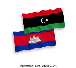 Banderas de olas de tela vectorial nacional del Reino de Camboya y Libia aisladas en fondo blanco. de 1 a 2.