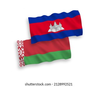 National vector fabric wave flags of Kingdom of Cambodia and Belarus isolated on white background. 1 to 2 proportion.