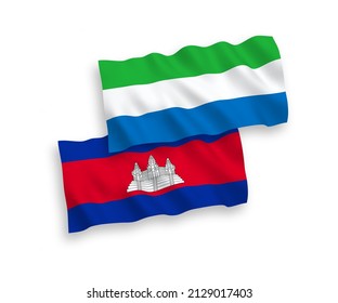 National vector fabric wave flags of Kingdom of Cambodia and Sierra Leone isolated on white background. 1 to 2 proportion.