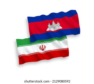 National vector fabric wave flags of Kingdom of Cambodia and Iran isolated on white background. 1 to 2 proportion.