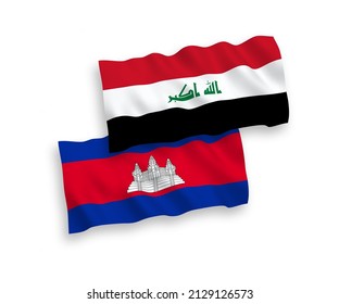 National vector fabric wave flags of Kingdom of Cambodia and Iraq isolated on white background. 1 to 2 proportion.