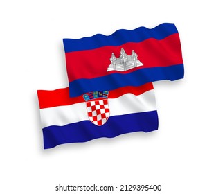 National vector fabric wave flags of Kingdom of Cambodia and Croatia isolated on white background. 1 to 2 proportion.